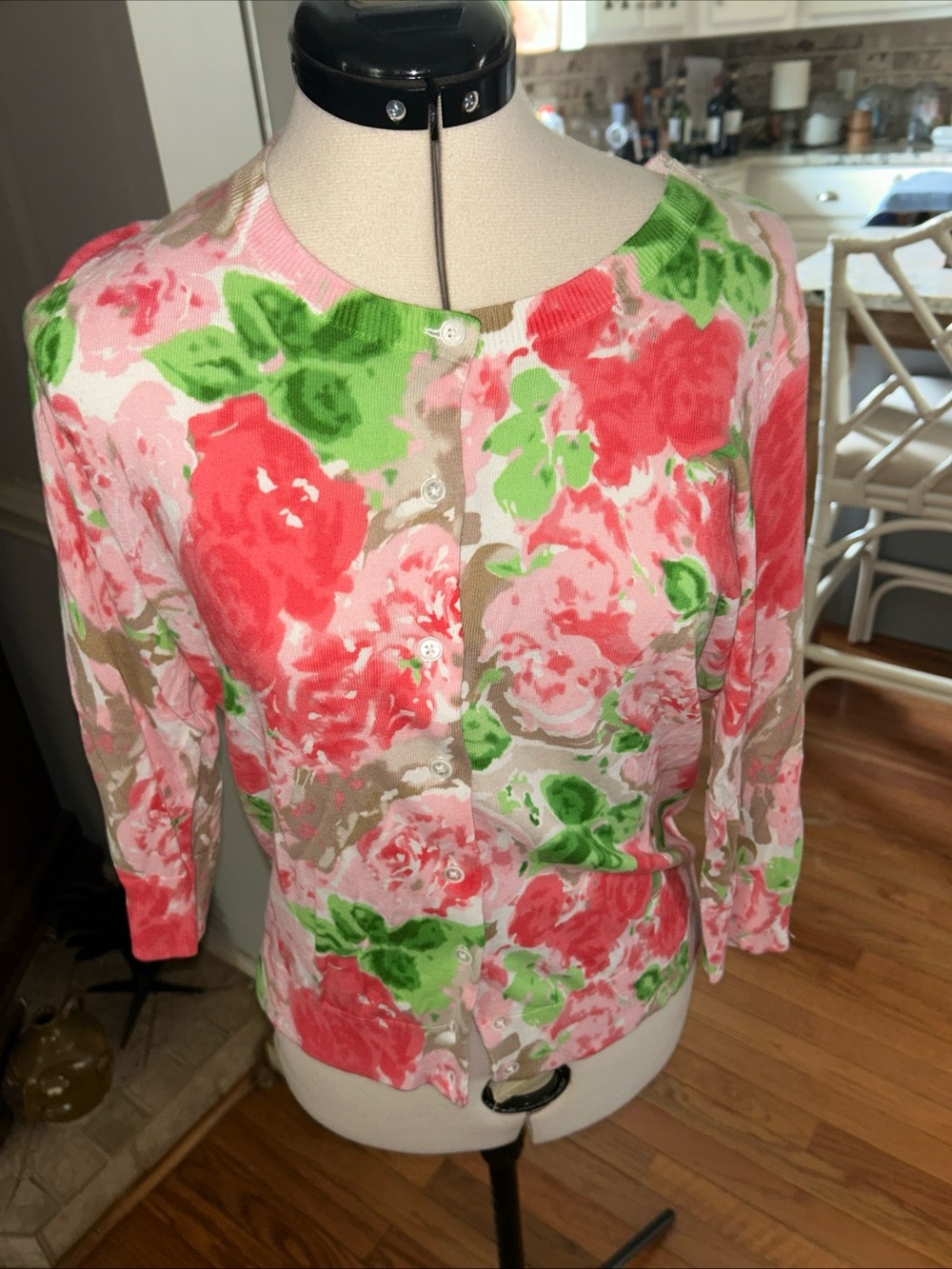 Talbots Floral Pink Green Cardigan Sweater
